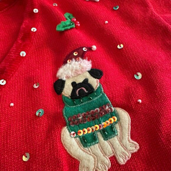 Ladies Christmas Sweater Puppies Dog Pug Golden Poodle Quaker Factory 3X Red - Picture 7 of 14